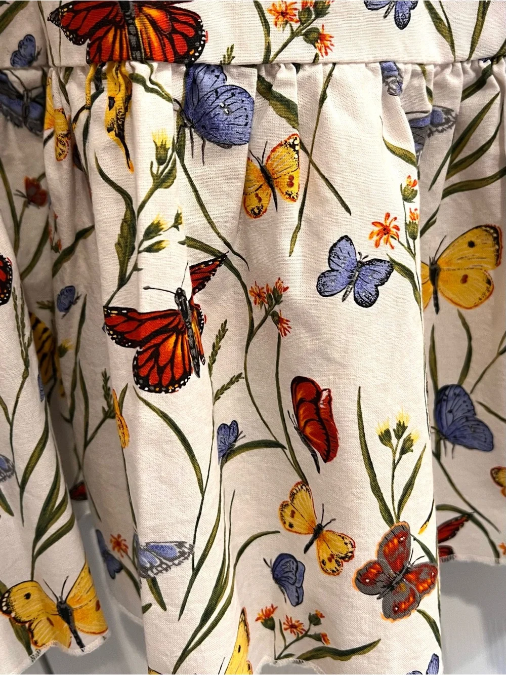 Handmade Butterfly Floral Tiered Midi Skirt White Cotton Red Yellow Blue Ruffle